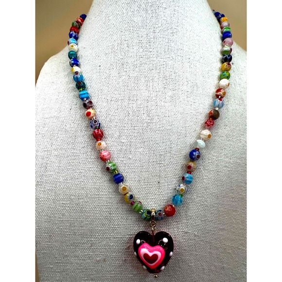 New Multicolor Murano Glass Heart Beaded Pendant Necklace - Picture 2 of 12